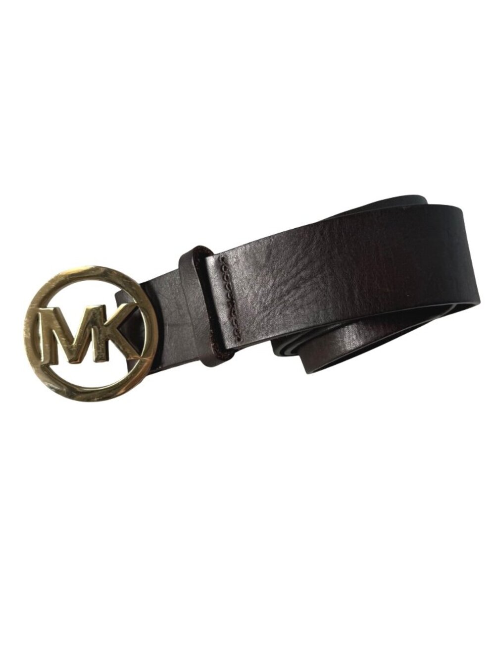 Michael Kors Womens Leather Belt Dark Brown Gold Circle MK Logo Plaque Buckle
